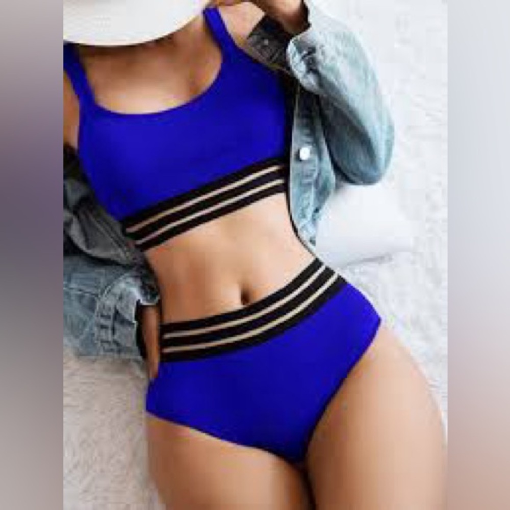 Baleaf Women’s High-Waister Blue and Black W Peek A Boo Mesh Bikini Set Sz XL